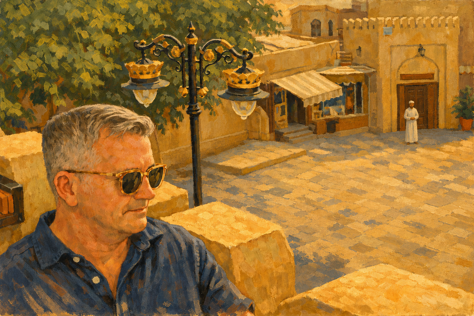 Man in sunglasses sittin in balcony cafe looks down onto an arabian street. A man in dishdasha stands by a doorway.