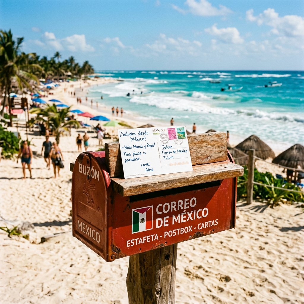 Red Correo de México mailbox on sandy beach with postcard and ocean background